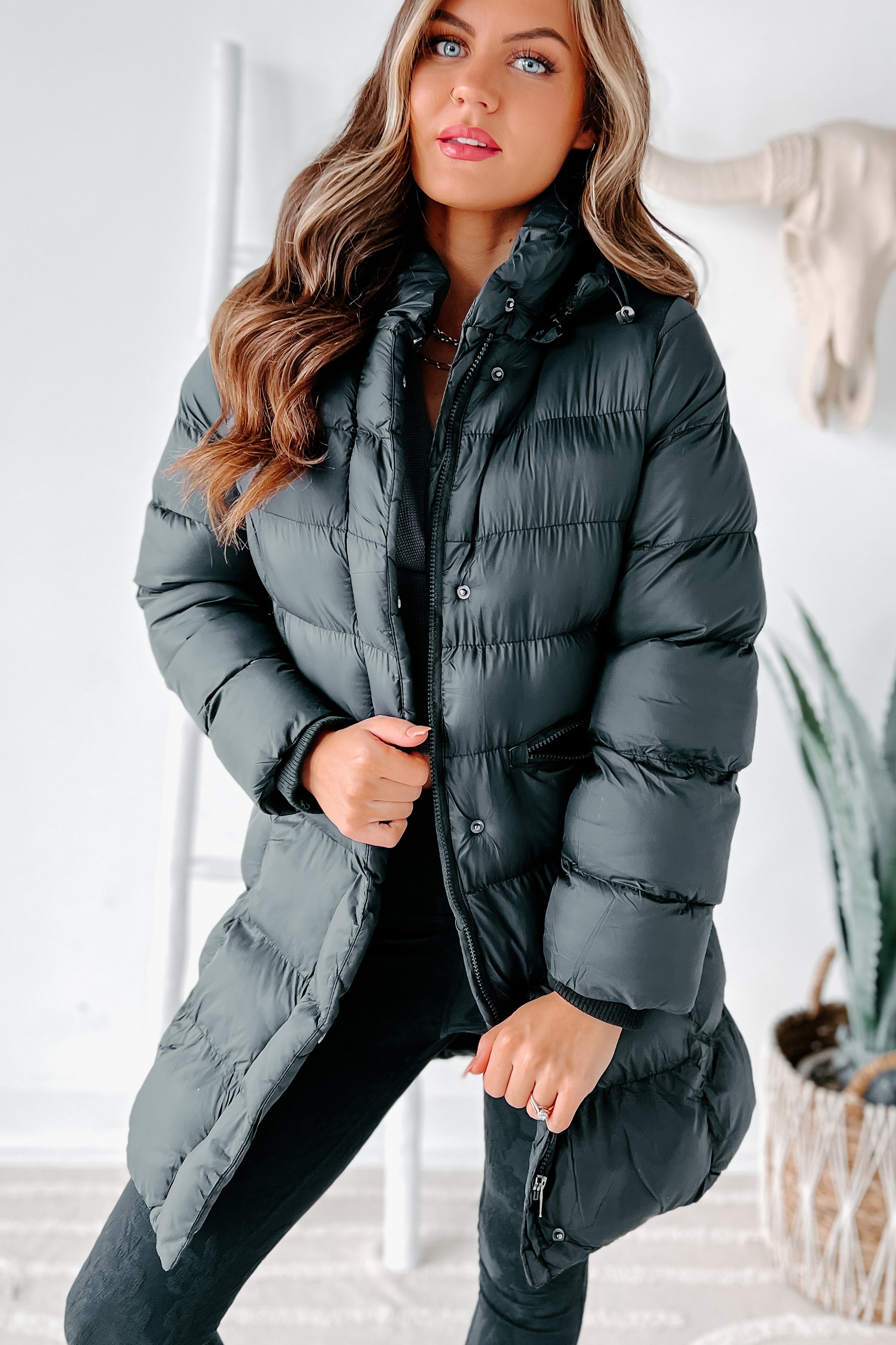 Knee length discount coat with hood