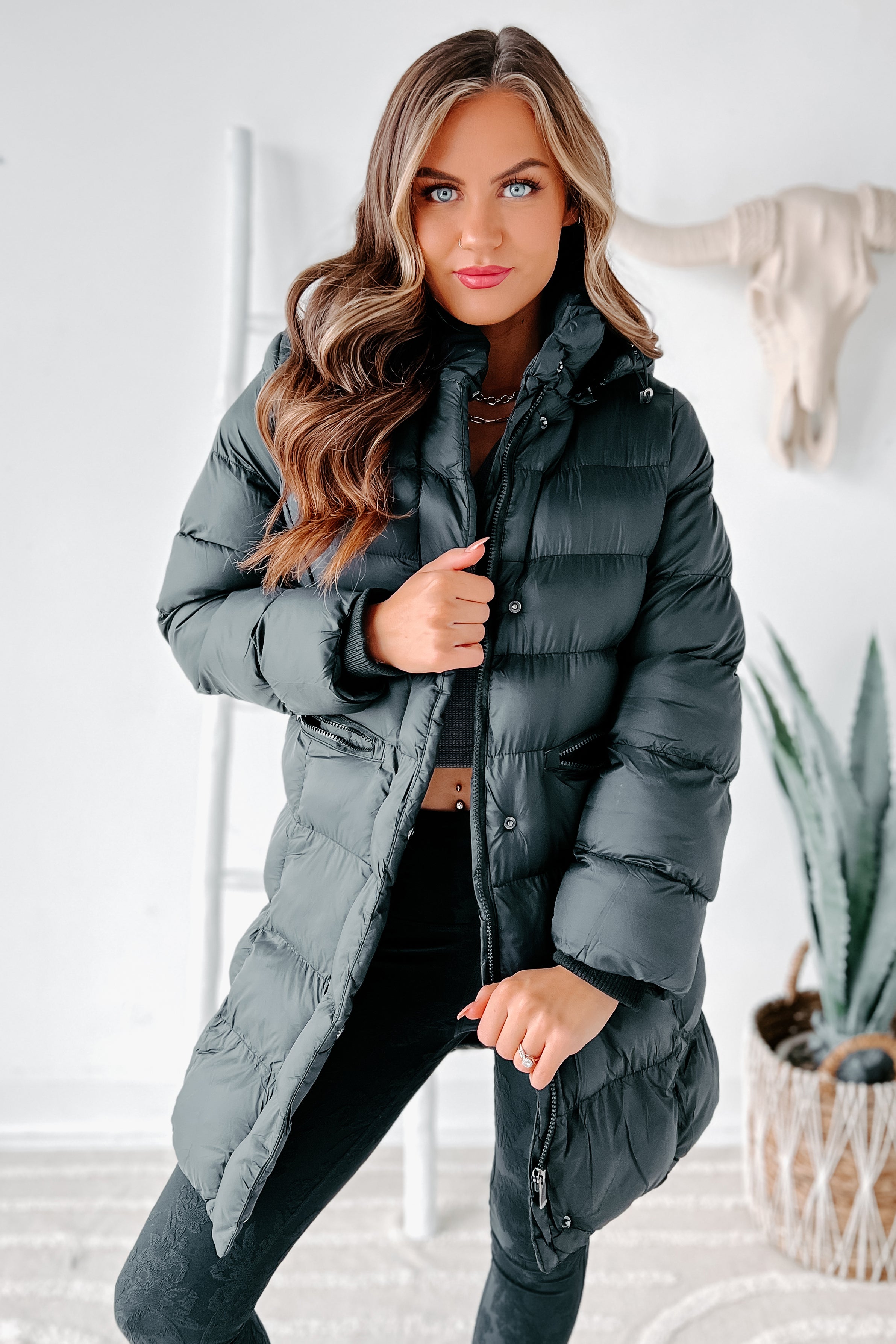 Knee length down sales jacket