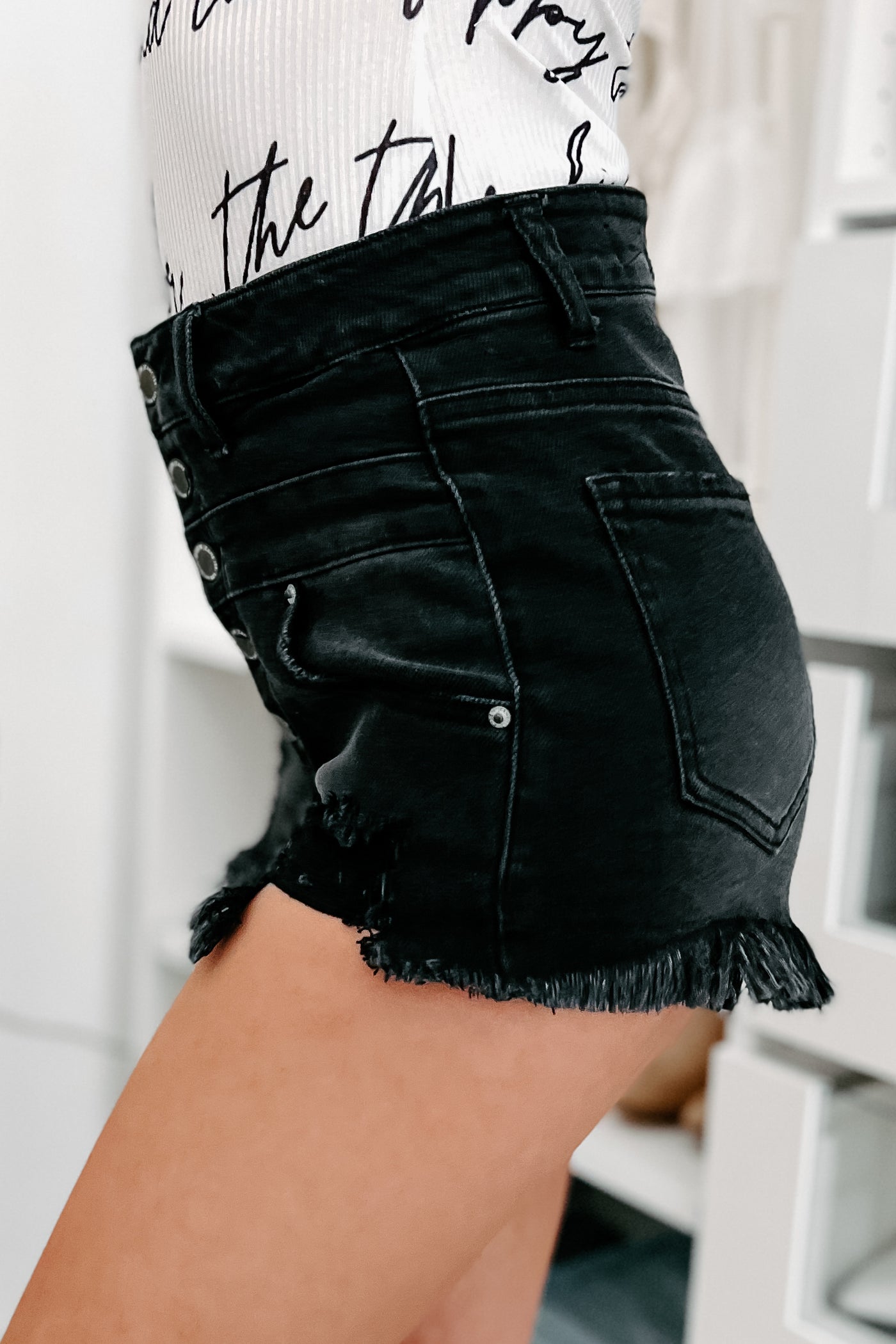 Around The Block Risen High Rise Button-Fly Distressed Denim Shorts (Black) - NanaMacs