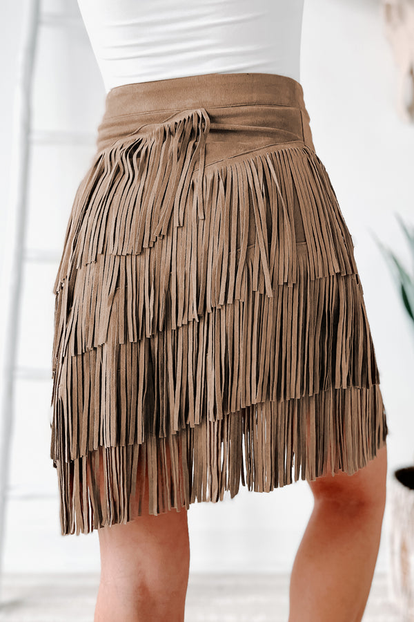 Dixie Delight Faux Suede Fringe Skirt (Taupe) - NanaMacs