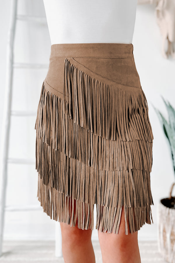 Dixie Delight Faux Suede Fringe Skirt (Taupe) - NanaMacs