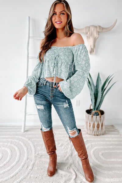 Dreaming Of Love Ruched Floral Crop Top (Dusty Sage) - NanaMacs