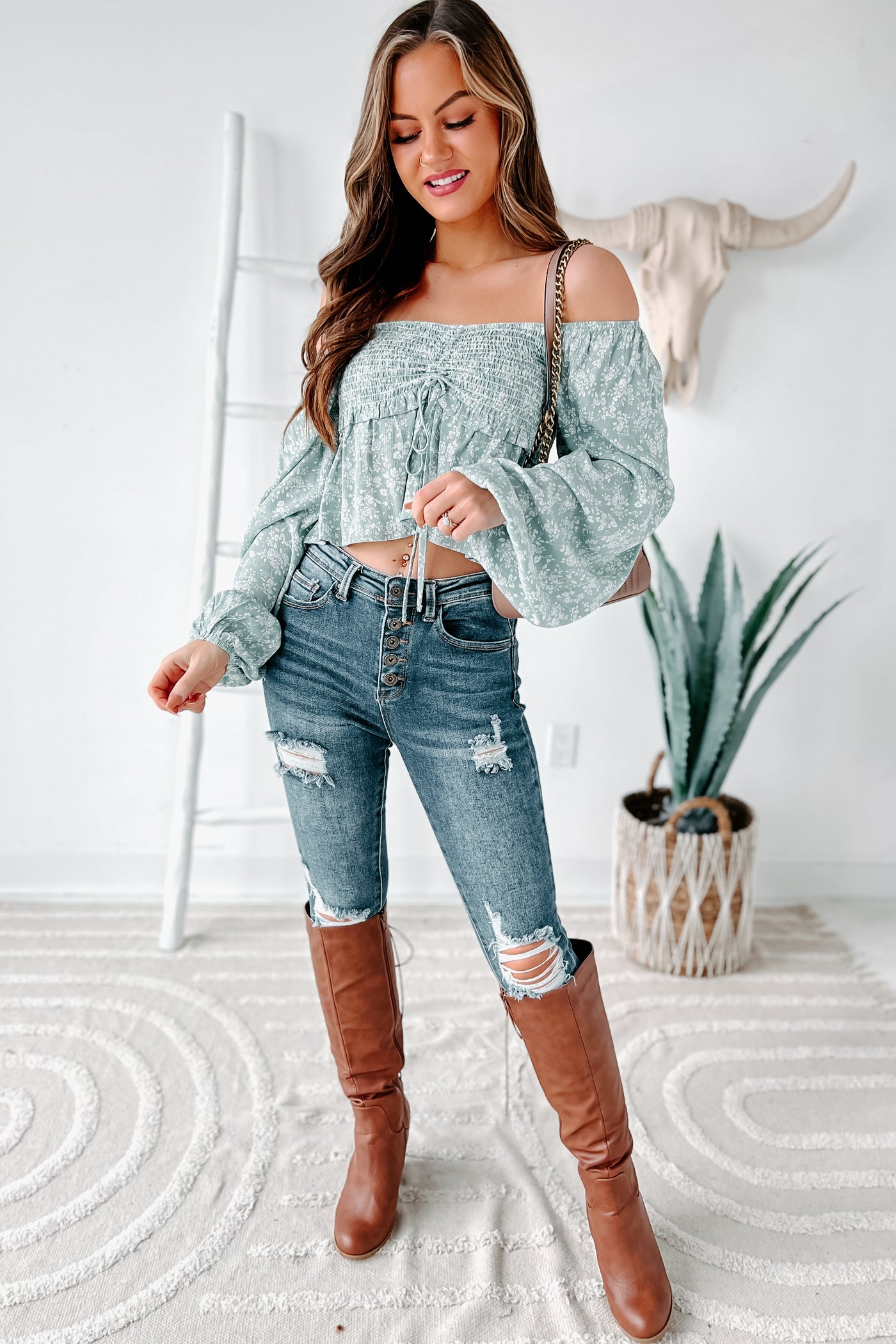 Dreaming Of Love Ruched Floral Crop Top (Dusty Sage) - NanaMacs