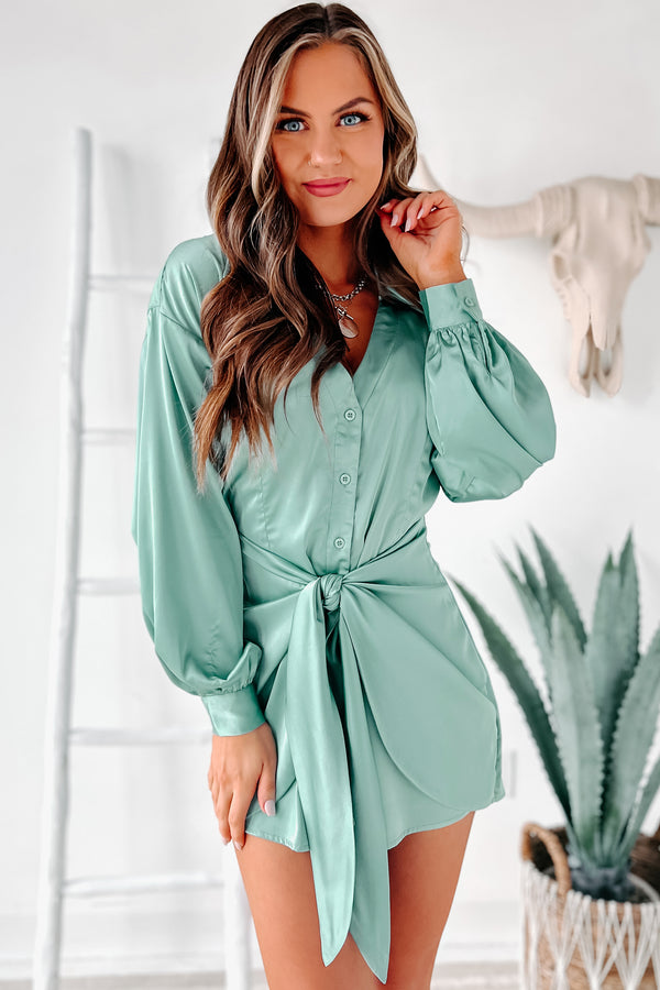 Delighted Feeling Tie-Waist Satin Romper (Seafoam Green) - NanaMacs