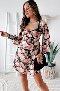 You're Forever Floral Tie-Back Mini Dress (Black) - NanaMacs