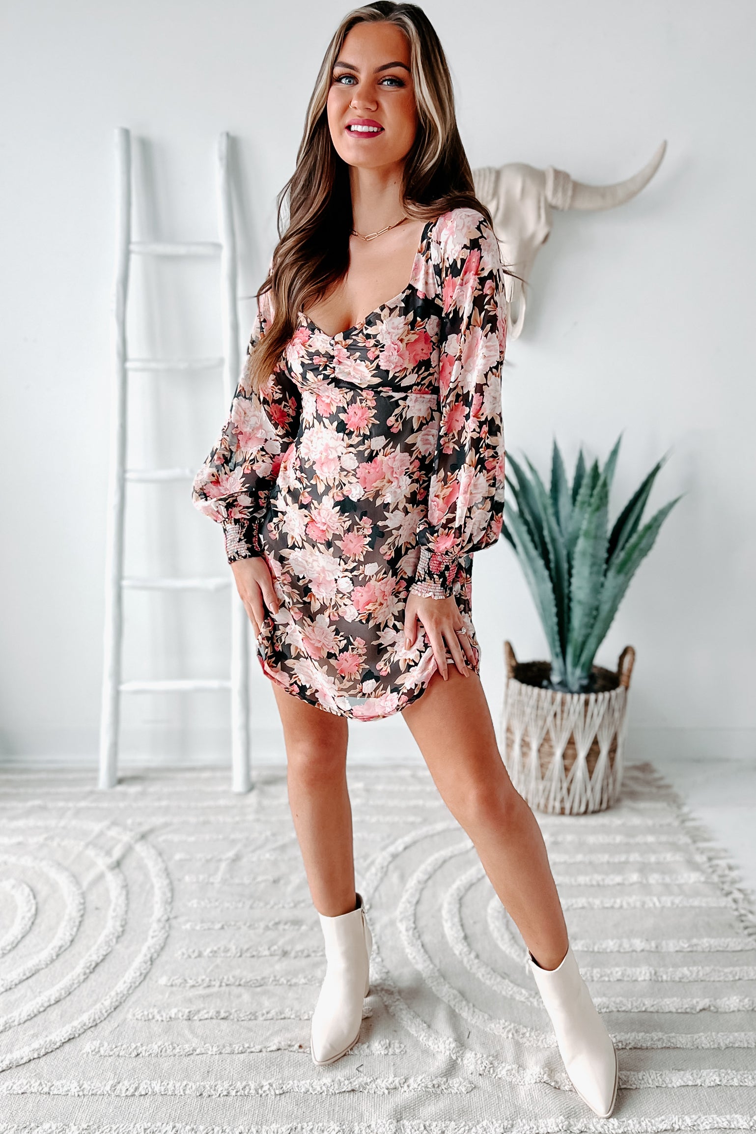 You're Forever Floral Tie-Back Mini Dress (Black) - NanaMacs