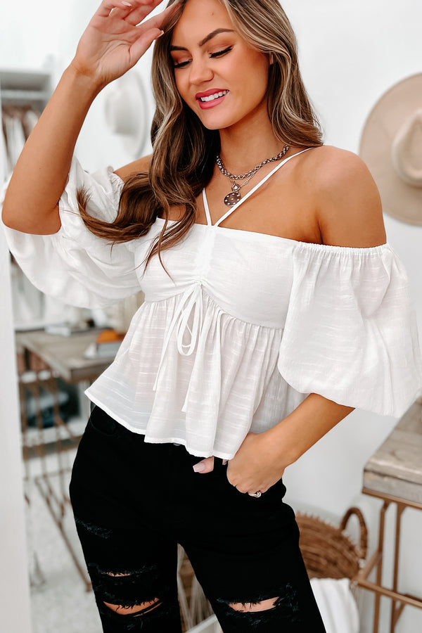 When Love Comes Along Ruched Puff Sleeve Top (Off White) - NanaMacs