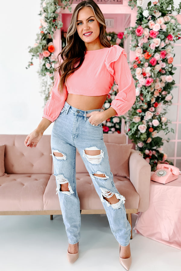 Sizzlin' Looks Ruffled Open Back Crop Top (Pink) - NanaMacs