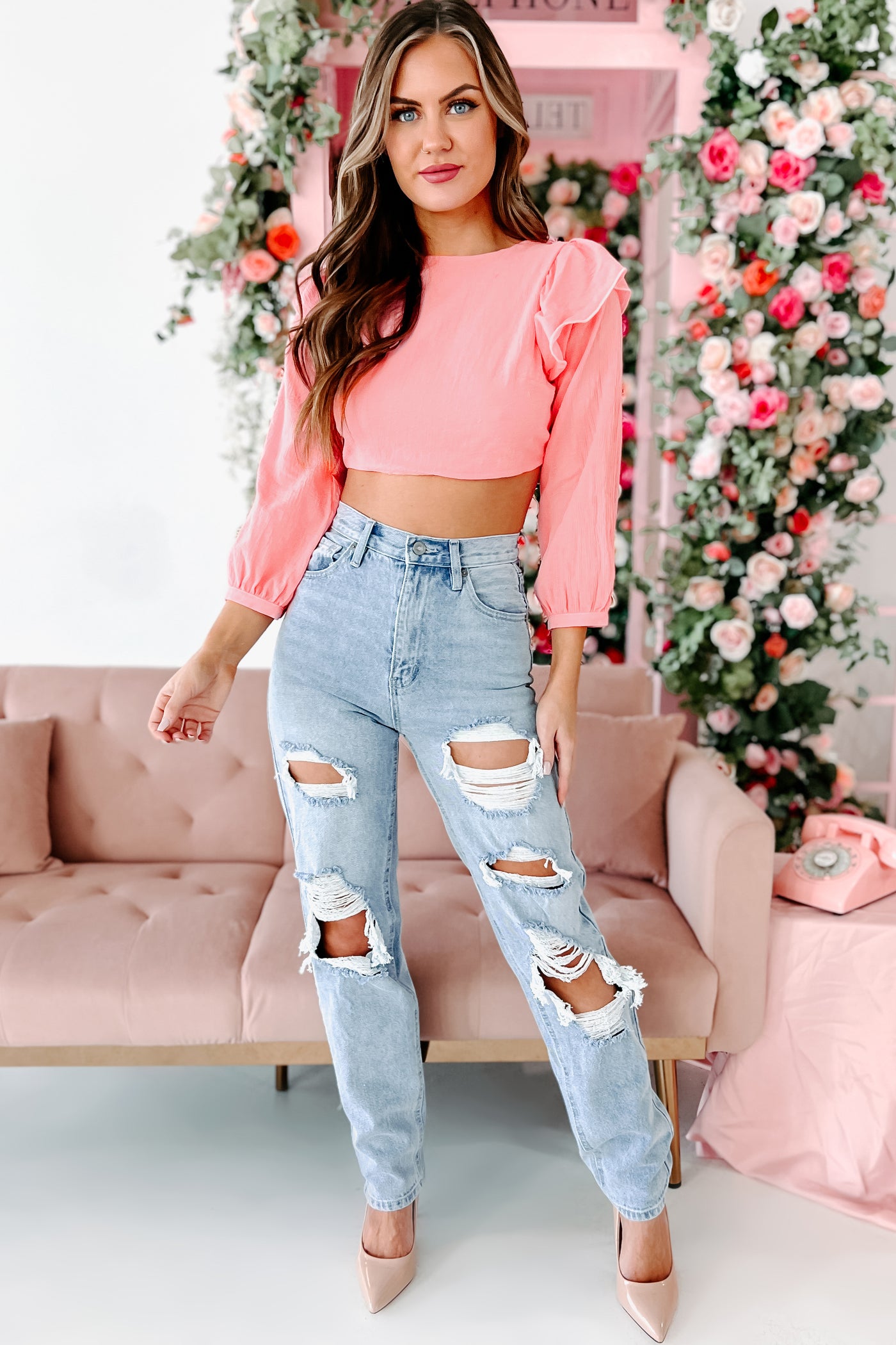 Sizzlin' Looks Ruffled Open Back Crop Top (Pink) - NanaMacs