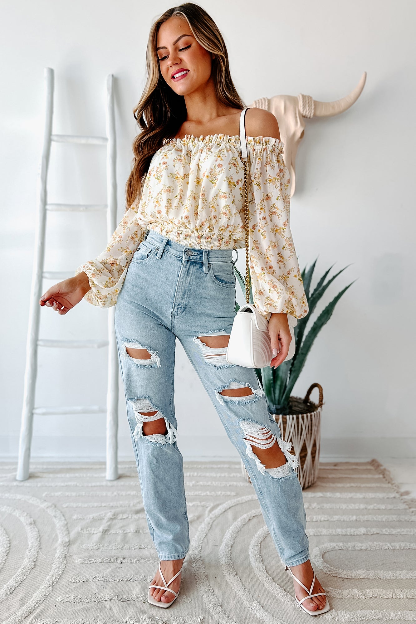 Cheery Times Floral Off The Shoulder Crop Top (Ivory) - NanaMacs