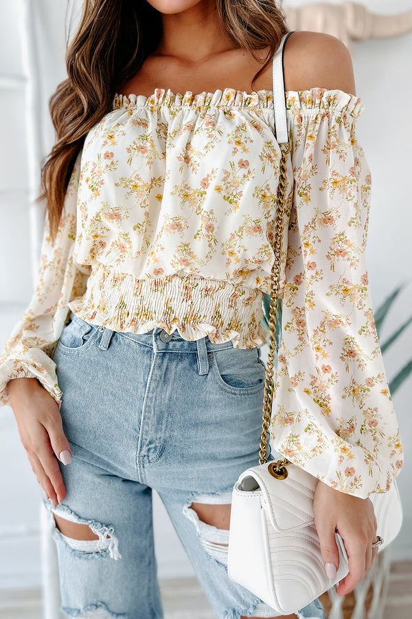 Cheery Times Floral Off The Shoulder Crop Top (Ivory) - NanaMacs