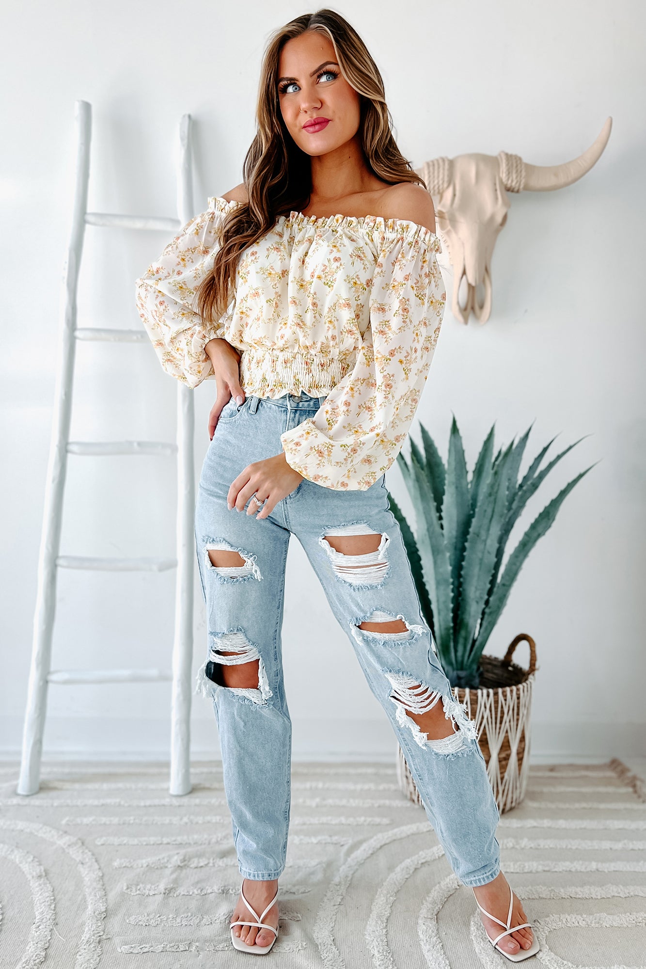 Cheery Times Floral Off The Shoulder Crop Top (Ivory) - NanaMacs