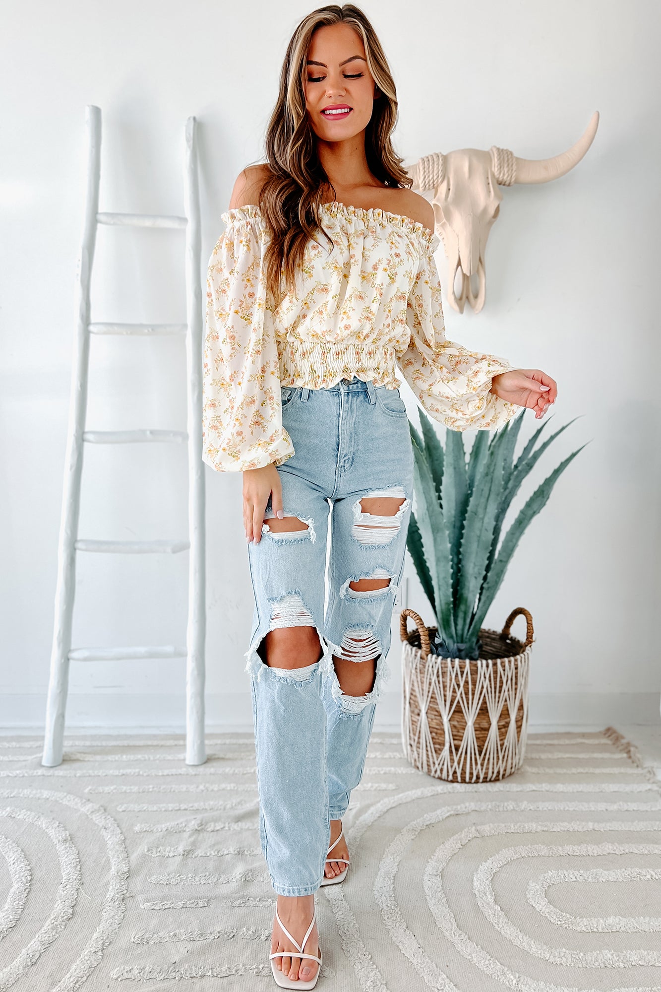 Cheery Times Floral Off The Shoulder Crop Top (Ivory) - NanaMacs