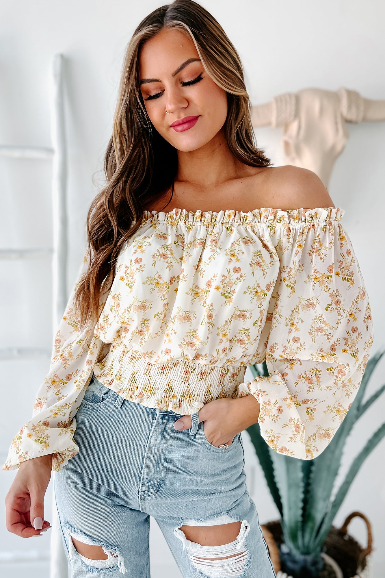 Cheery Times Floral Off The Shoulder Crop Top (Ivory) - NanaMacs