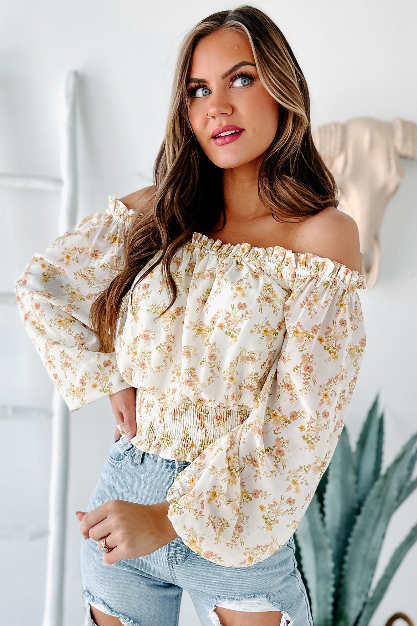 Cheery Times Floral Off The Shoulder Crop Top (Ivory) - NanaMacs