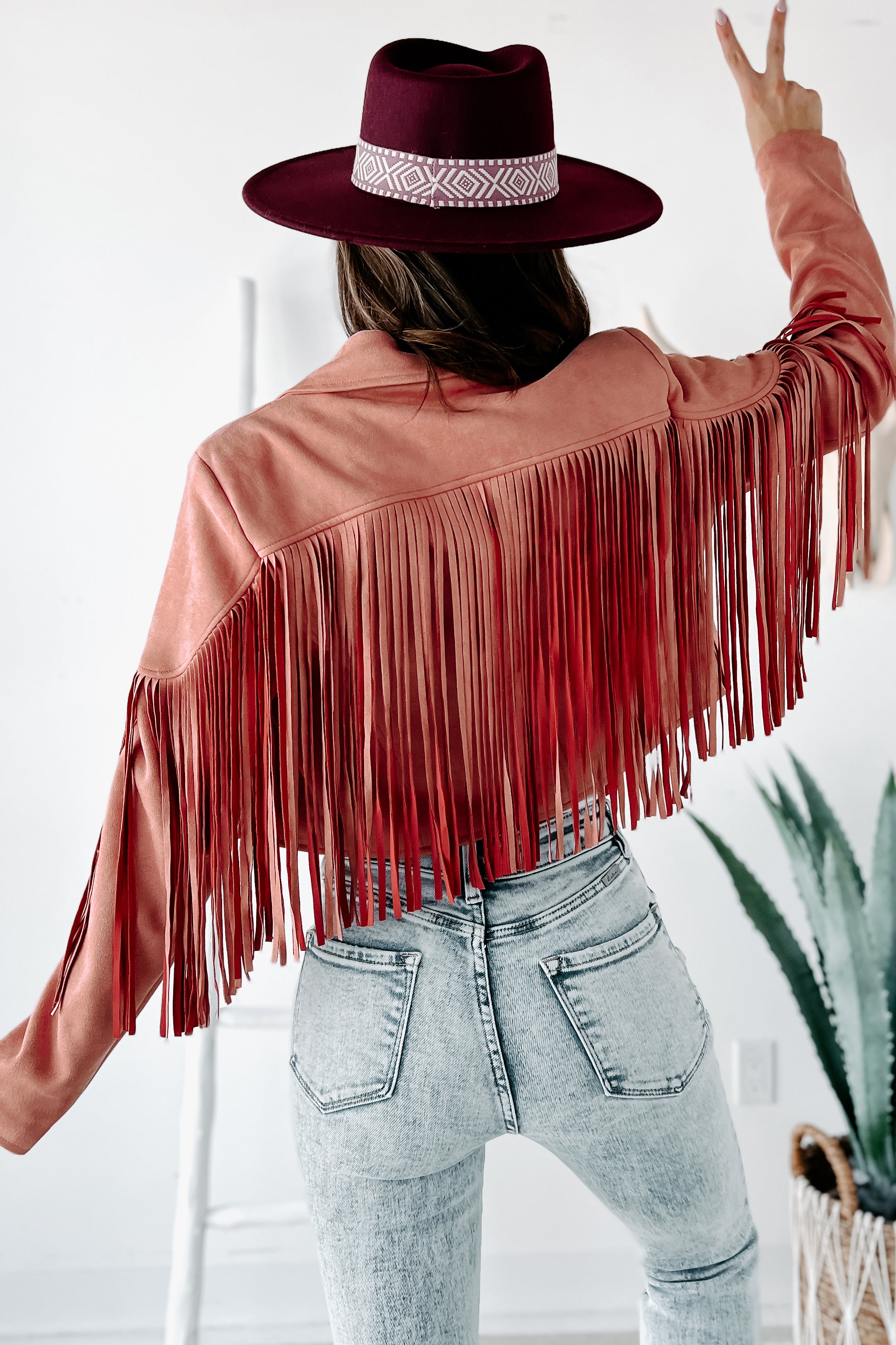 Daring Delight Faux Suede Fringe Jacket (Mauve) - NanaMacs