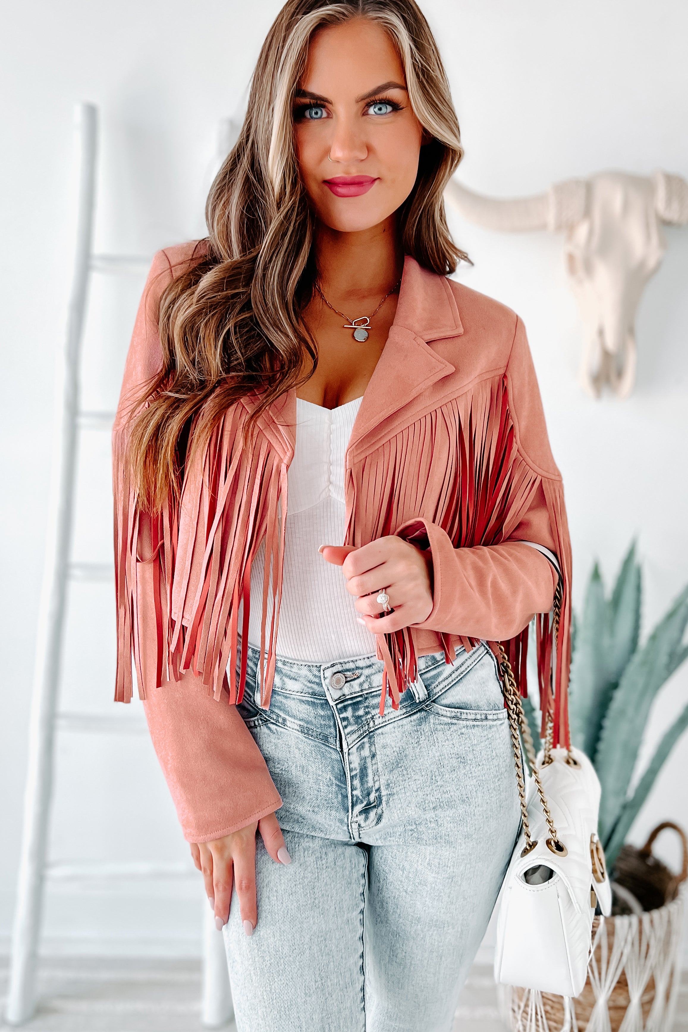 Daring Delight Faux Suede Fringe Jacket (Mauve) - NanaMacs