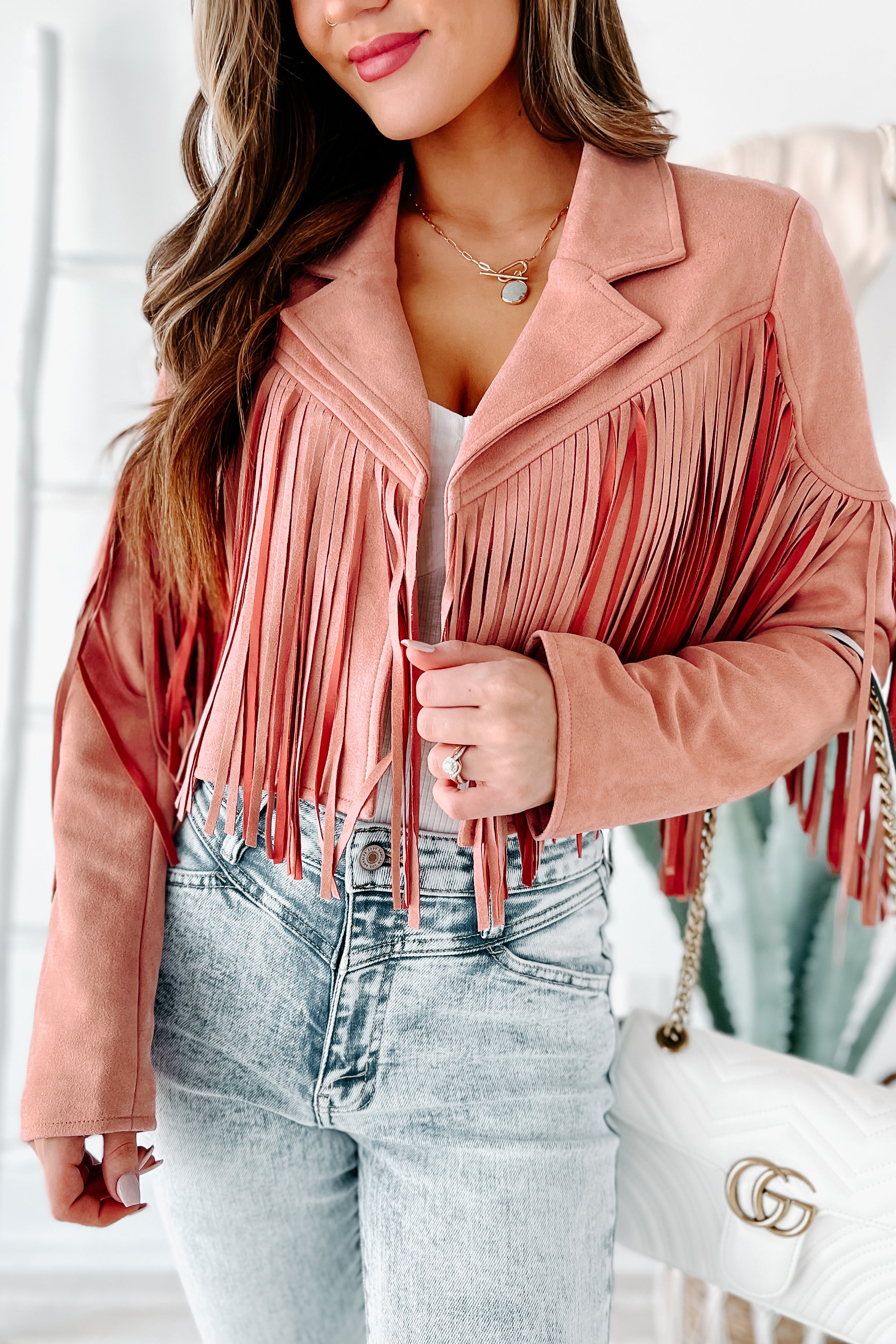 Daring Delight Faux Suede Fringe Jacket (Mauve) - NanaMacs