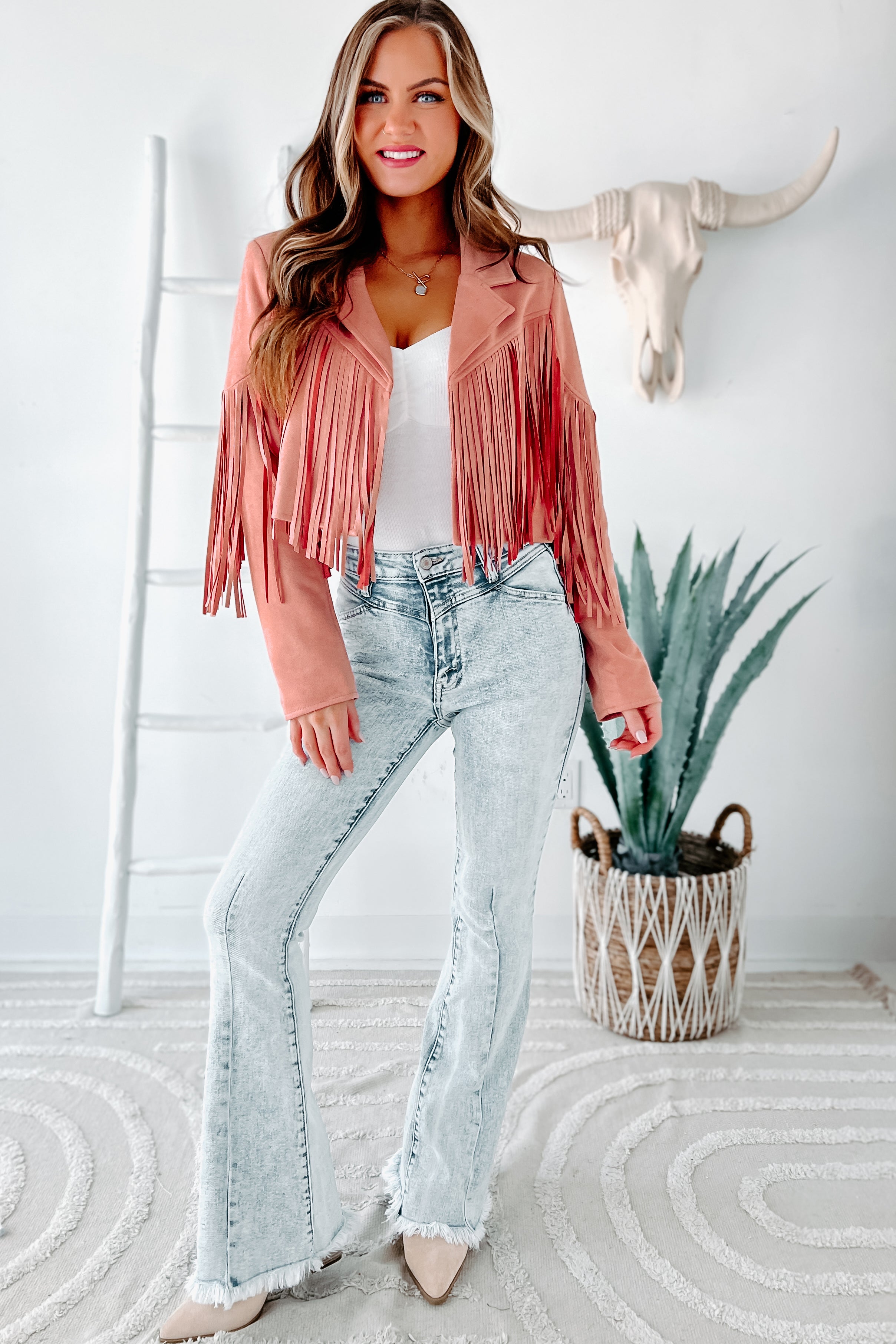 Daring Delight Faux Suede Fringe Jacket (Mauve) - NanaMacs