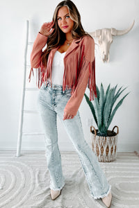 Daring Delight Faux Suede Fringe Jacket (Mauve) - NanaMacs