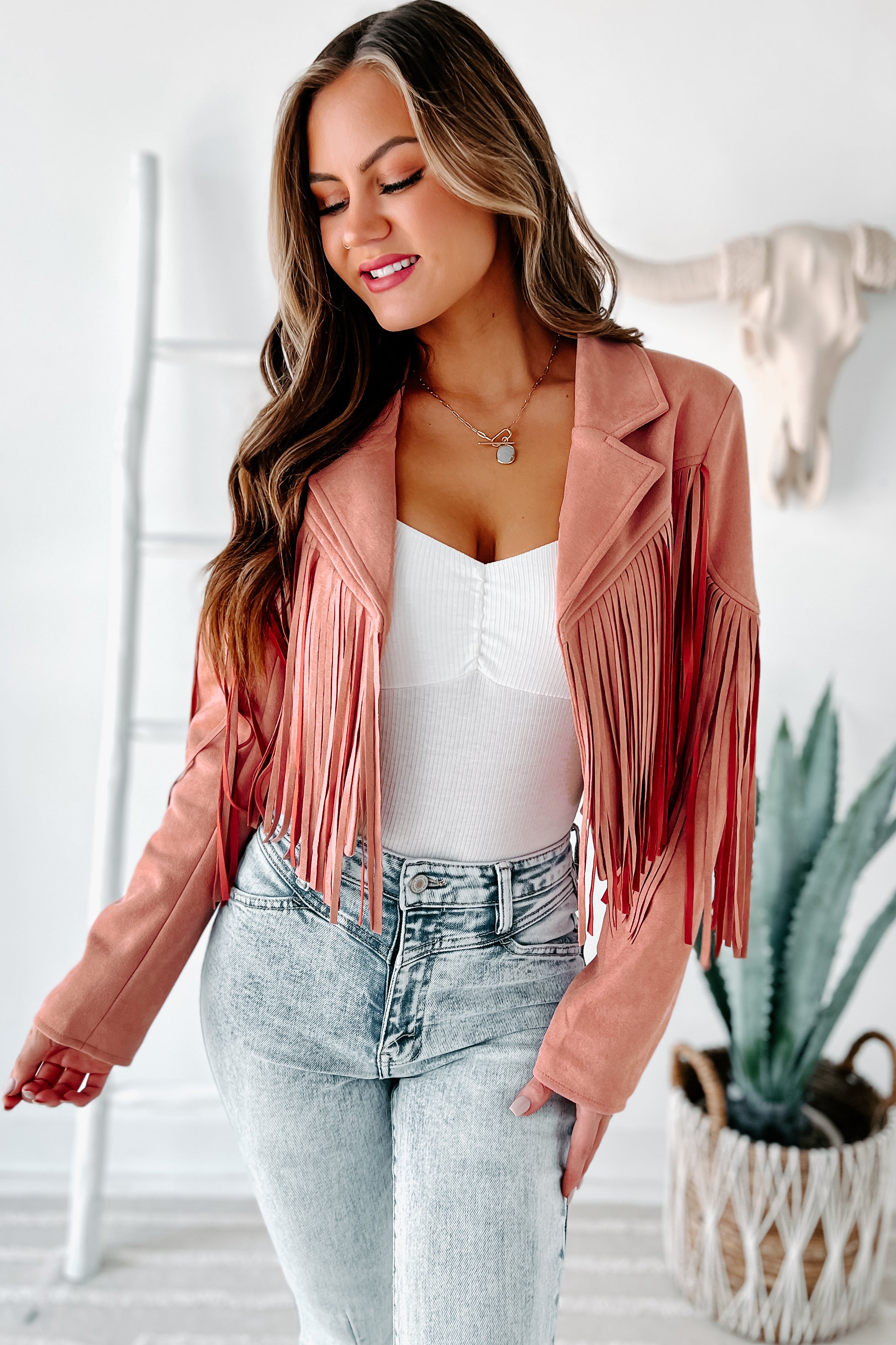 Daring Delight Faux Suede Fringe Jacket (Mauve) - NanaMacs