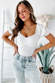 Simple Sweetheart Puff Sleeve Ruched Bodysuit (Off White) - NanaMacs