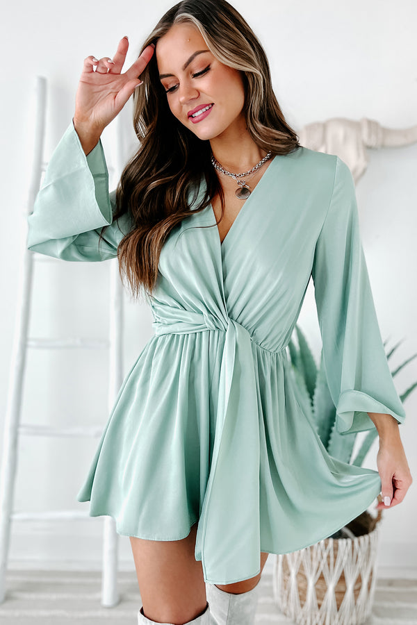 Inner Radiance Satin Wide Sleeve V-Neck Romper (Sage) - NanaMacs