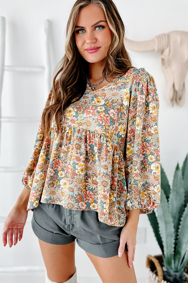 Beginning To Blossom Floral Print Peplum Top (Grey) - NanaMacs