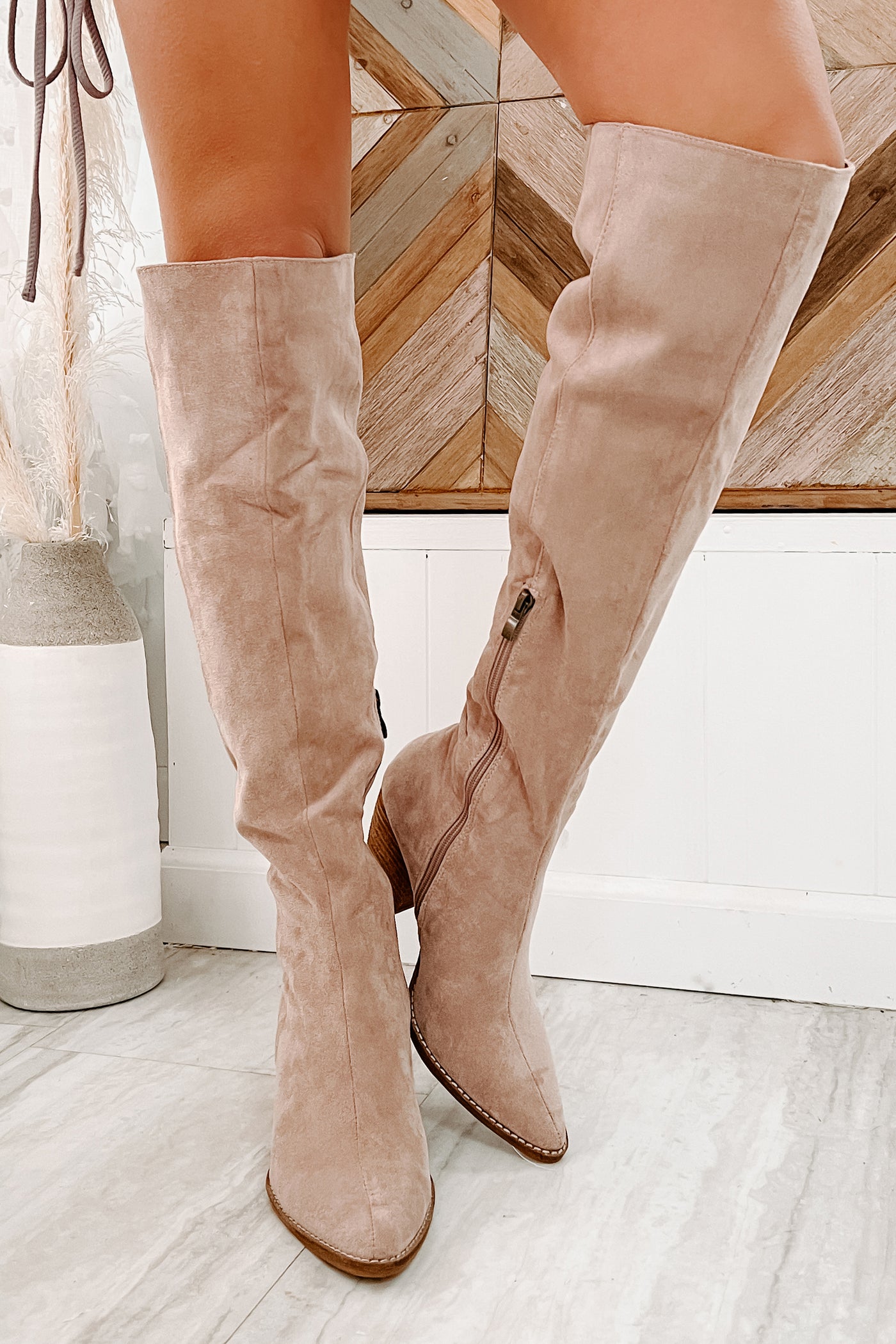 Arisa Faux Suede Over The Knee Boots (Blush) - NanaMacs