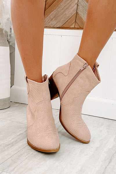 IMPERFECT Deceiving Looks Chinese Laundry Faux Leather Snake Print Booties (Blush) - NanaMacs
