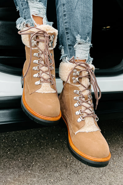Cyrus Sherpa Cuffed Lace-Up Boots (Taupe) - NanaMacs