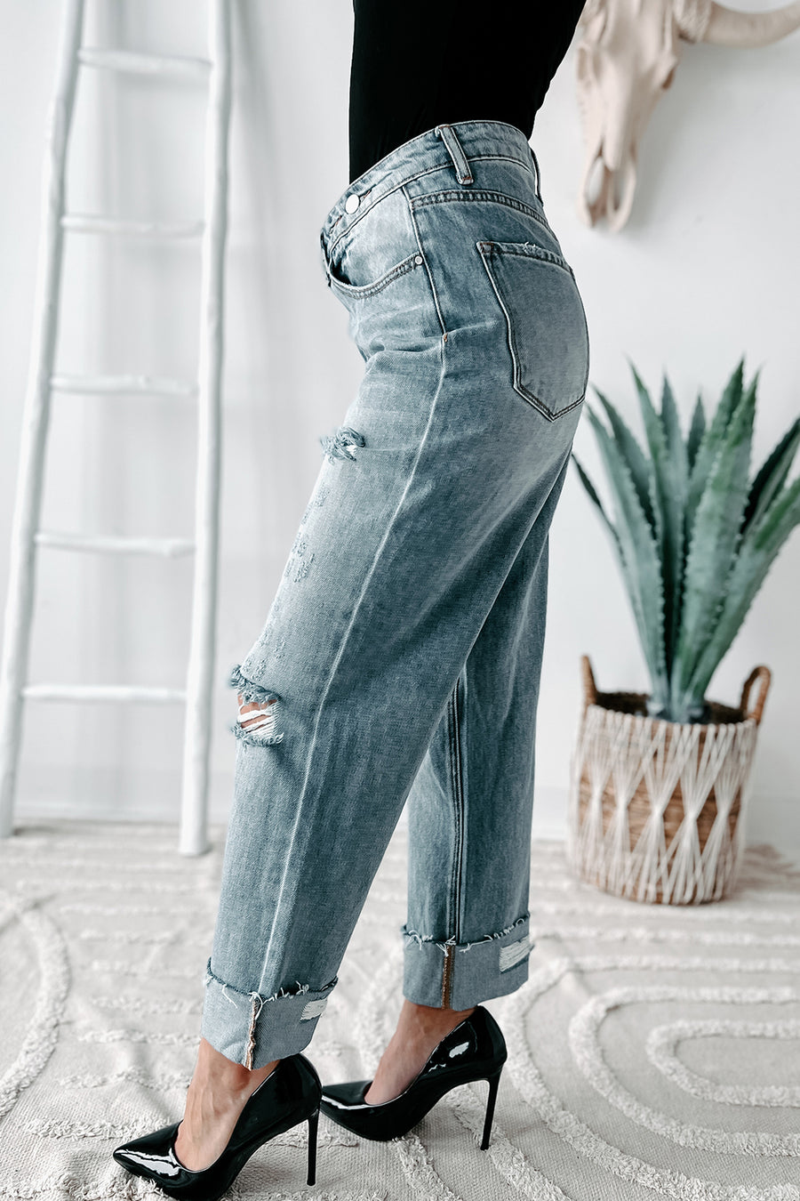 Aretha High Rise Cross-Over Wide Leg Risen Jeans (Medium) - NanaMacs