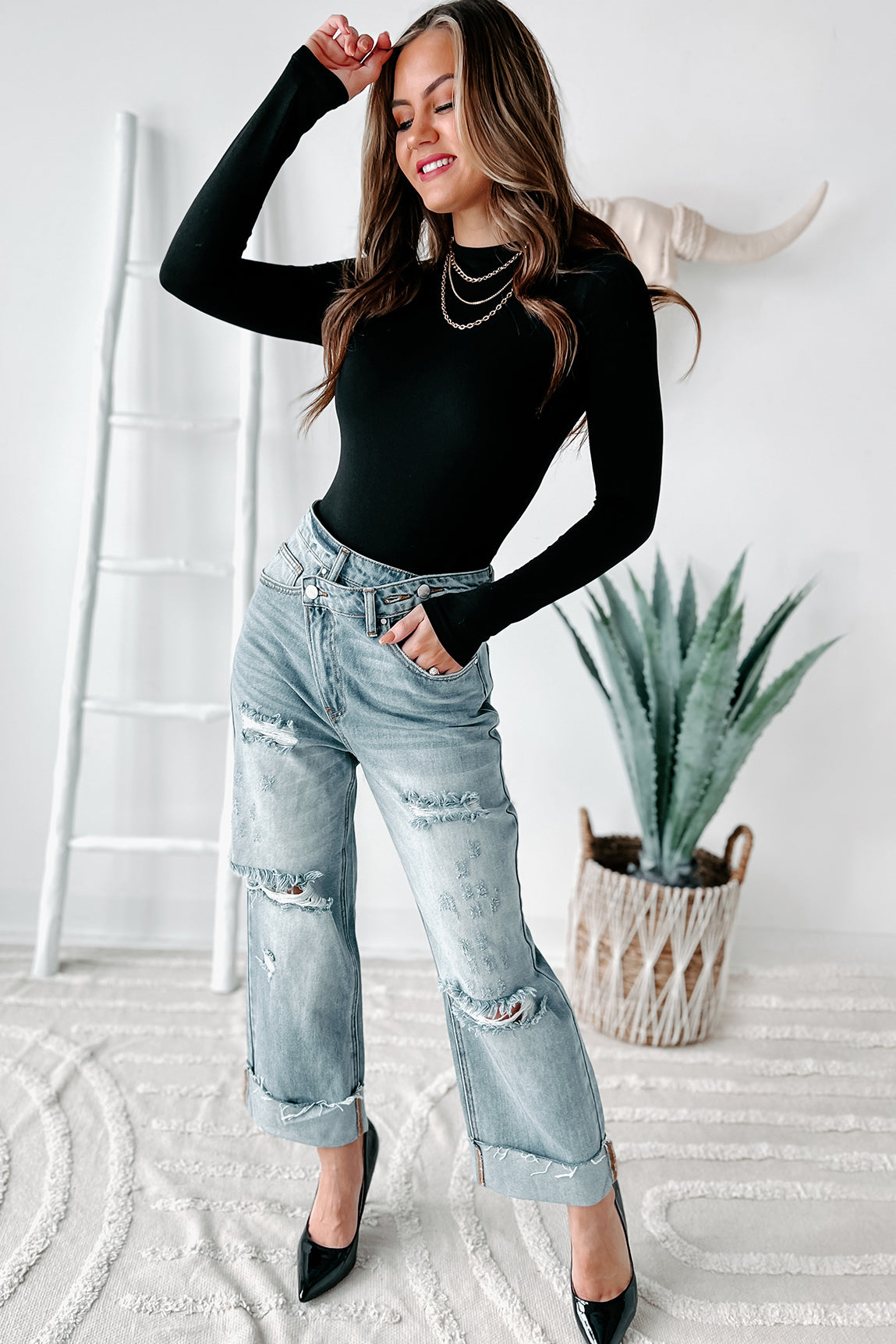 Aretha High Rise Cross-Over Wide Leg Risen Jeans (Medium) · NanaMacs
