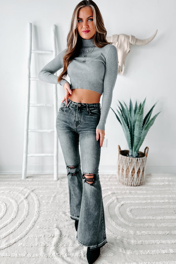 Jayce Ribbed Turtleneck Crop Top (Dark Grey) - NanaMacs