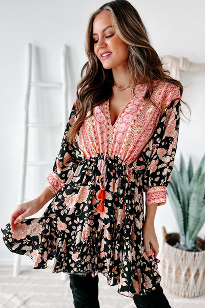 Joyful Soul Mixed Print Ruffle Hem Mini Dress (Black/Pink) - NanaMacs