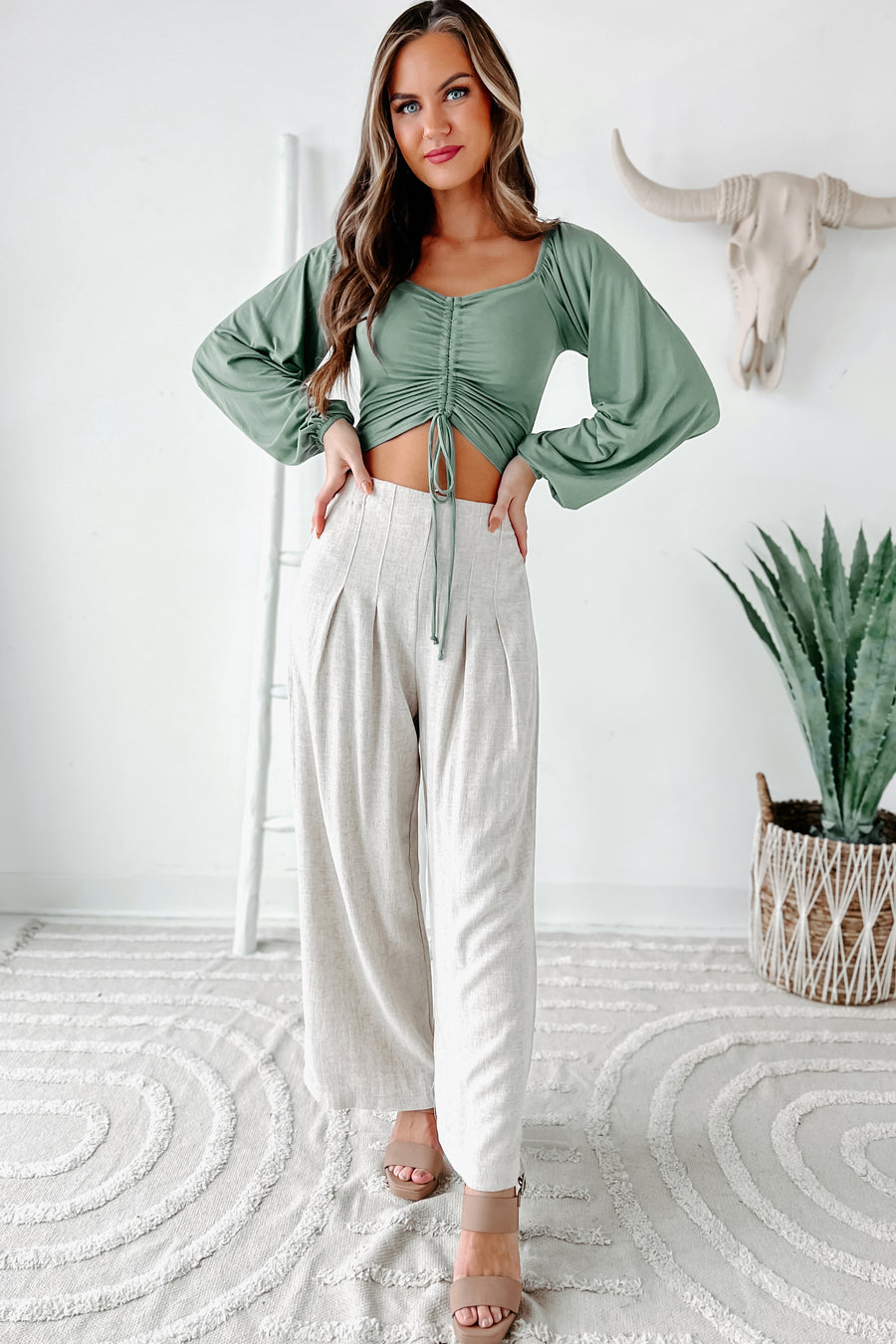 Being Present Ruched Front Long Sleeve Crop Top (Desert Green) - NanaMacs