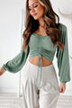 Being Present Ruched Front Long Sleeve Crop Top (Desert Green) - NanaMacs