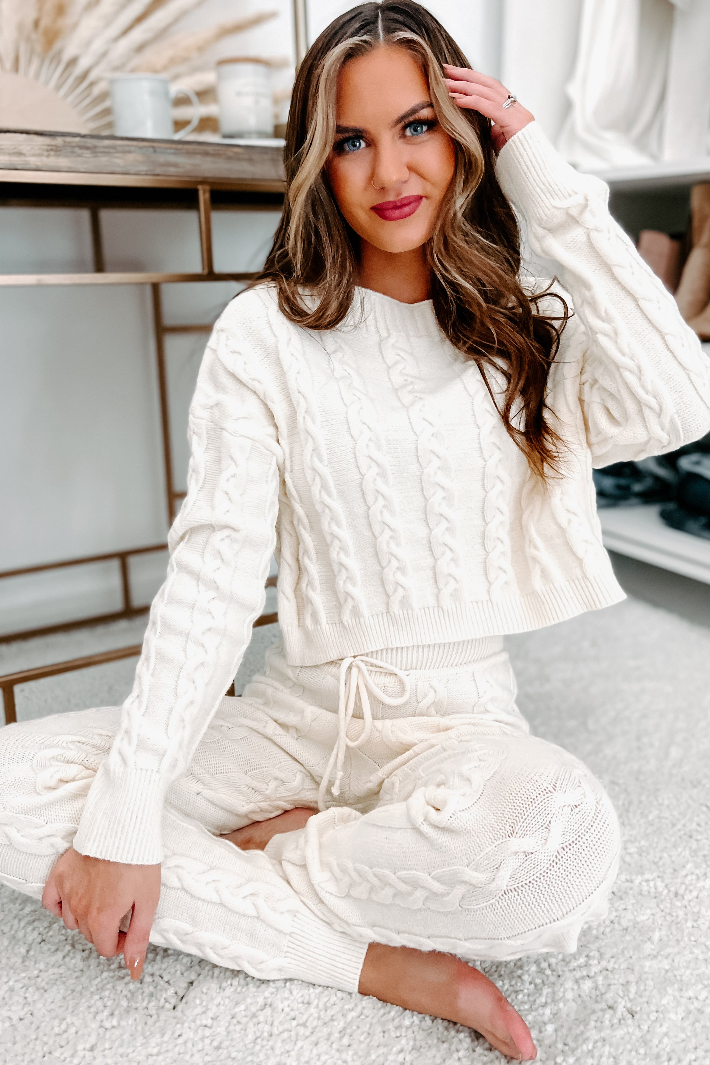 Staying Home Cable Knit Two Piece Set (Ivory)