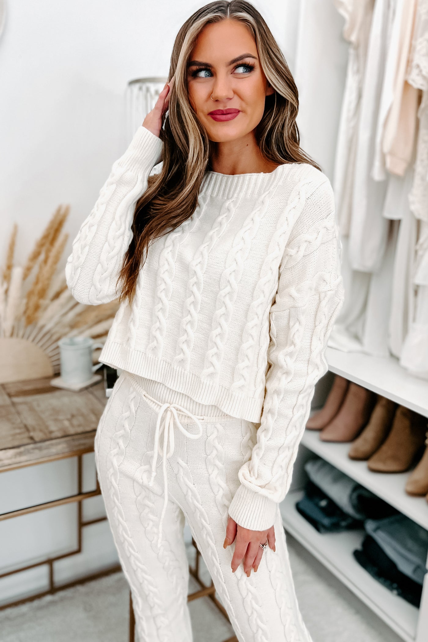 Staying Home Cable Knit Two Piece Set (Ivory) - NanaMacs
