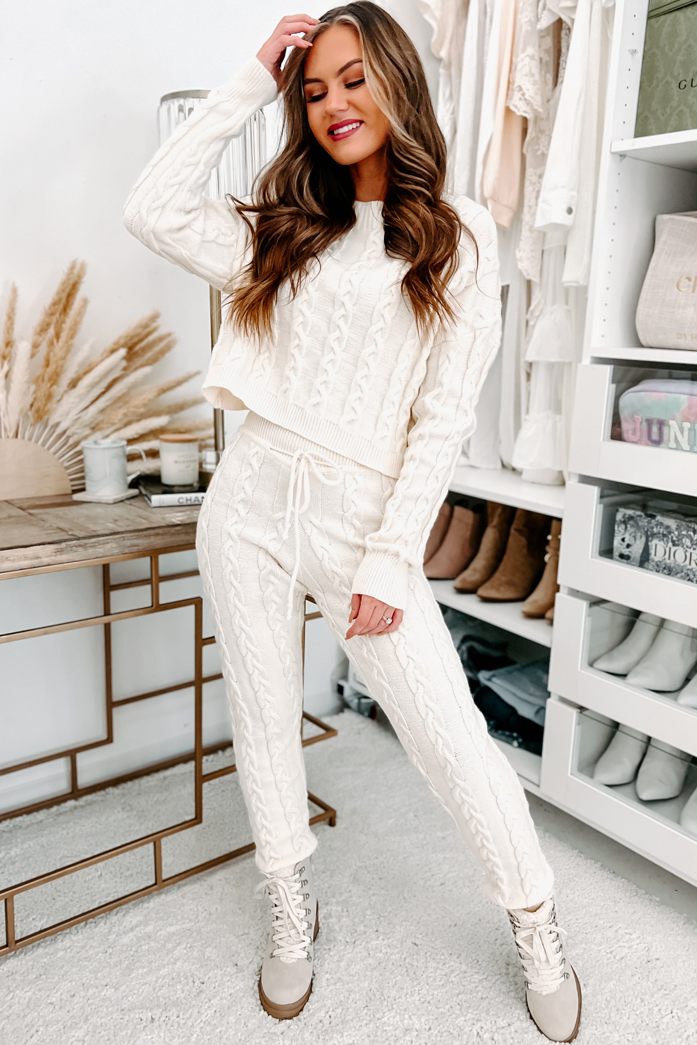 Staying Home Cable Knit Two Piece Set (Ivory)