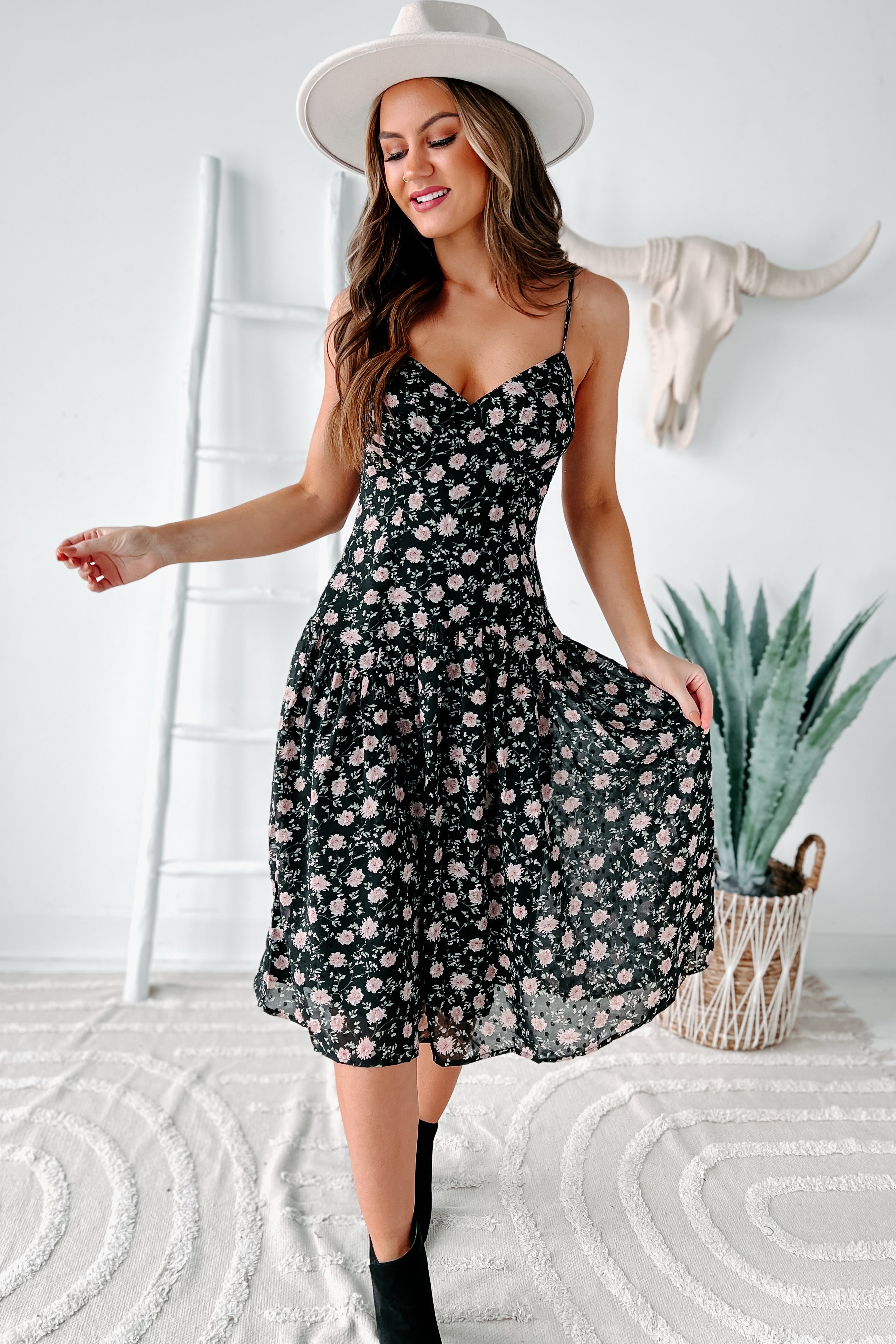 Addicted To You Floral Midi Dress (Black Floral) - NanaMacs