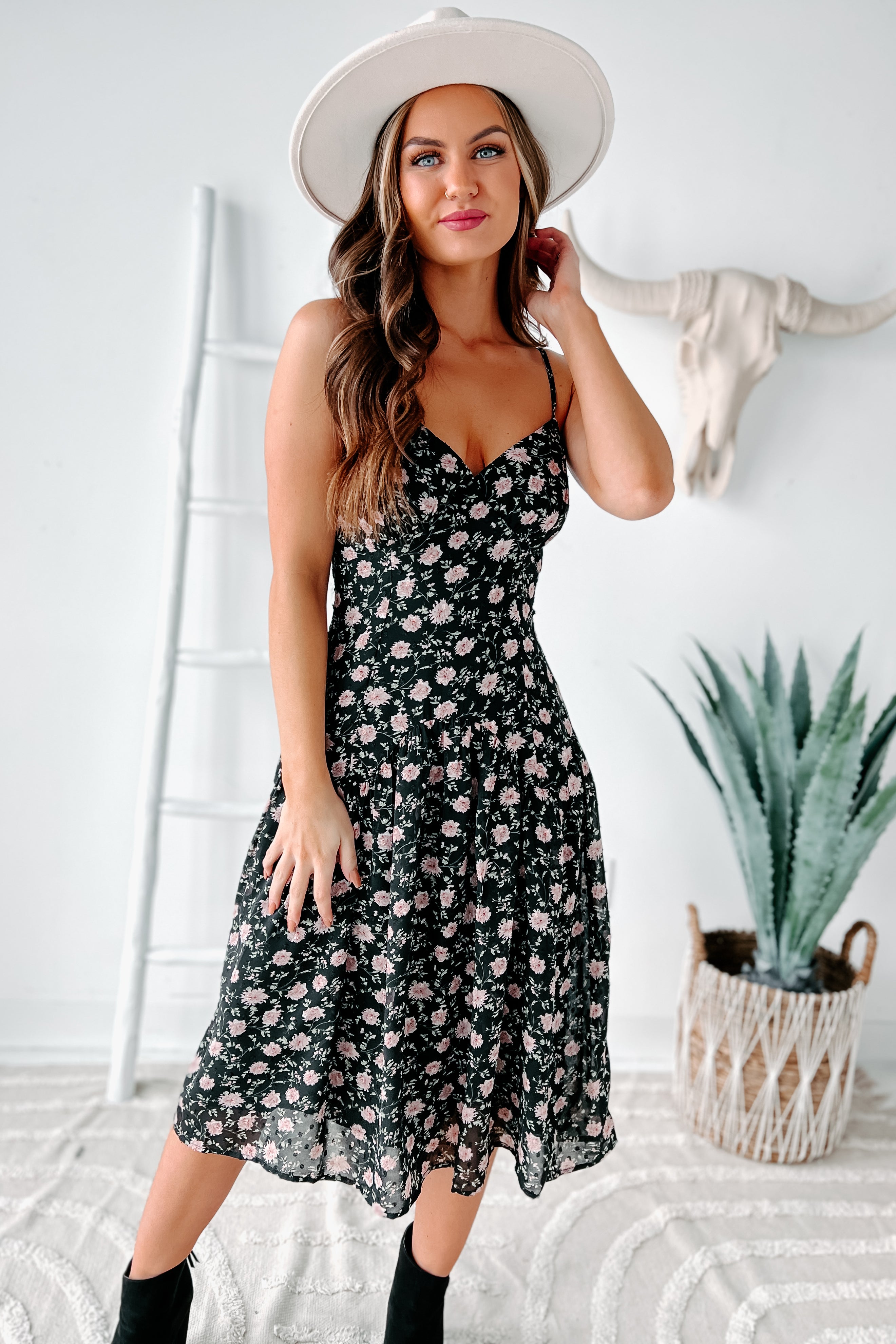 Addicted To You Floral Midi Dress (Black Floral) - NanaMacs