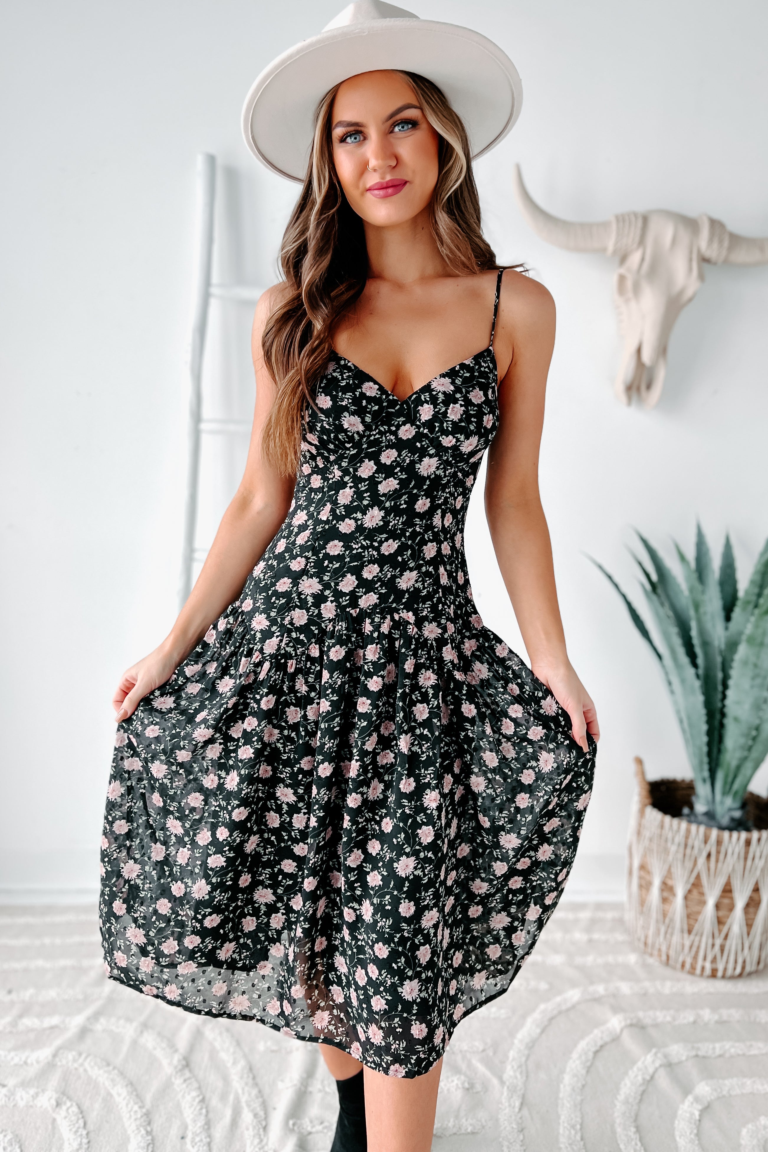 Addicted To You Floral Midi Dress (Black Floral) - NanaMacs