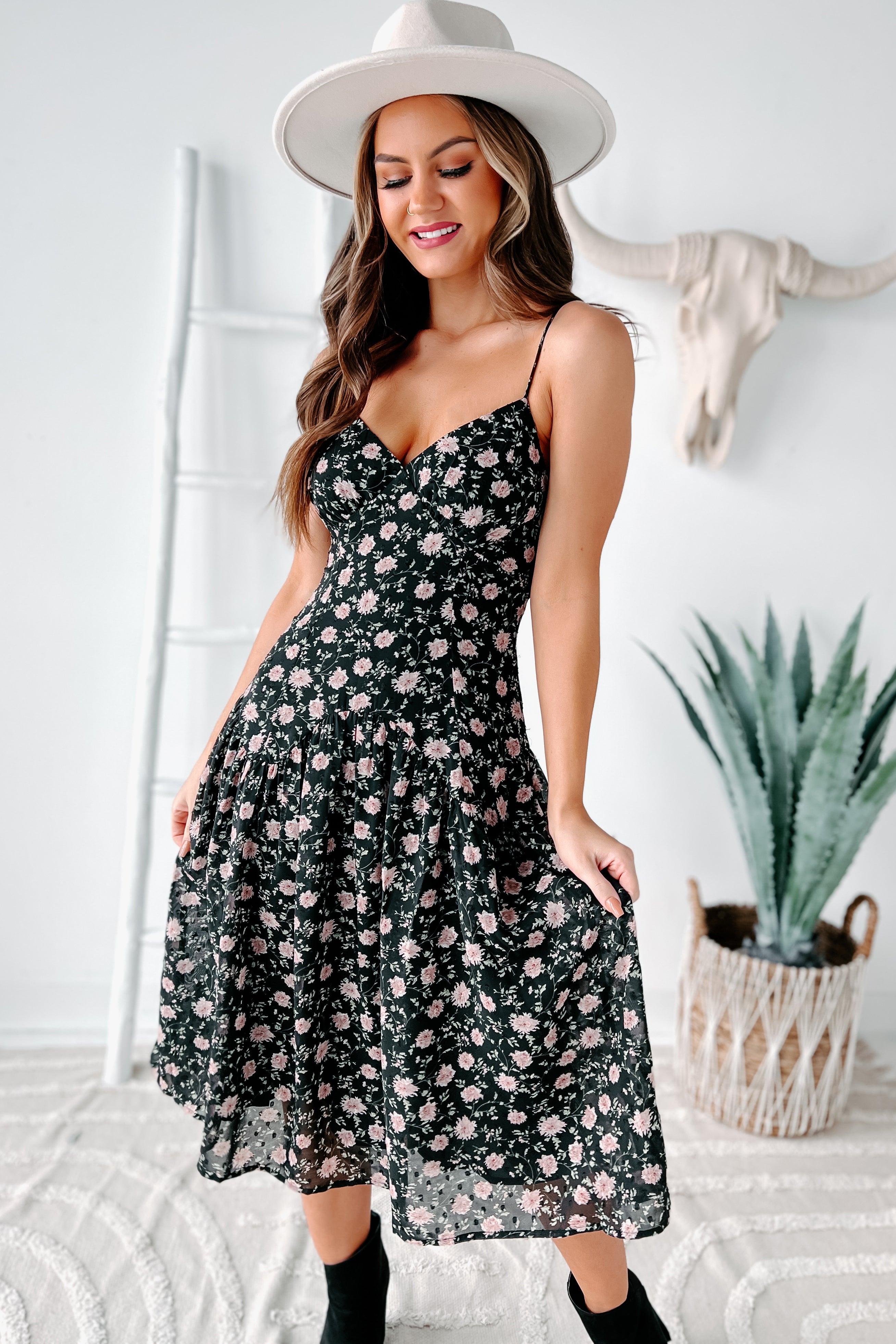 Addicted To You Floral Midi Dress (Black Floral) - NanaMacs