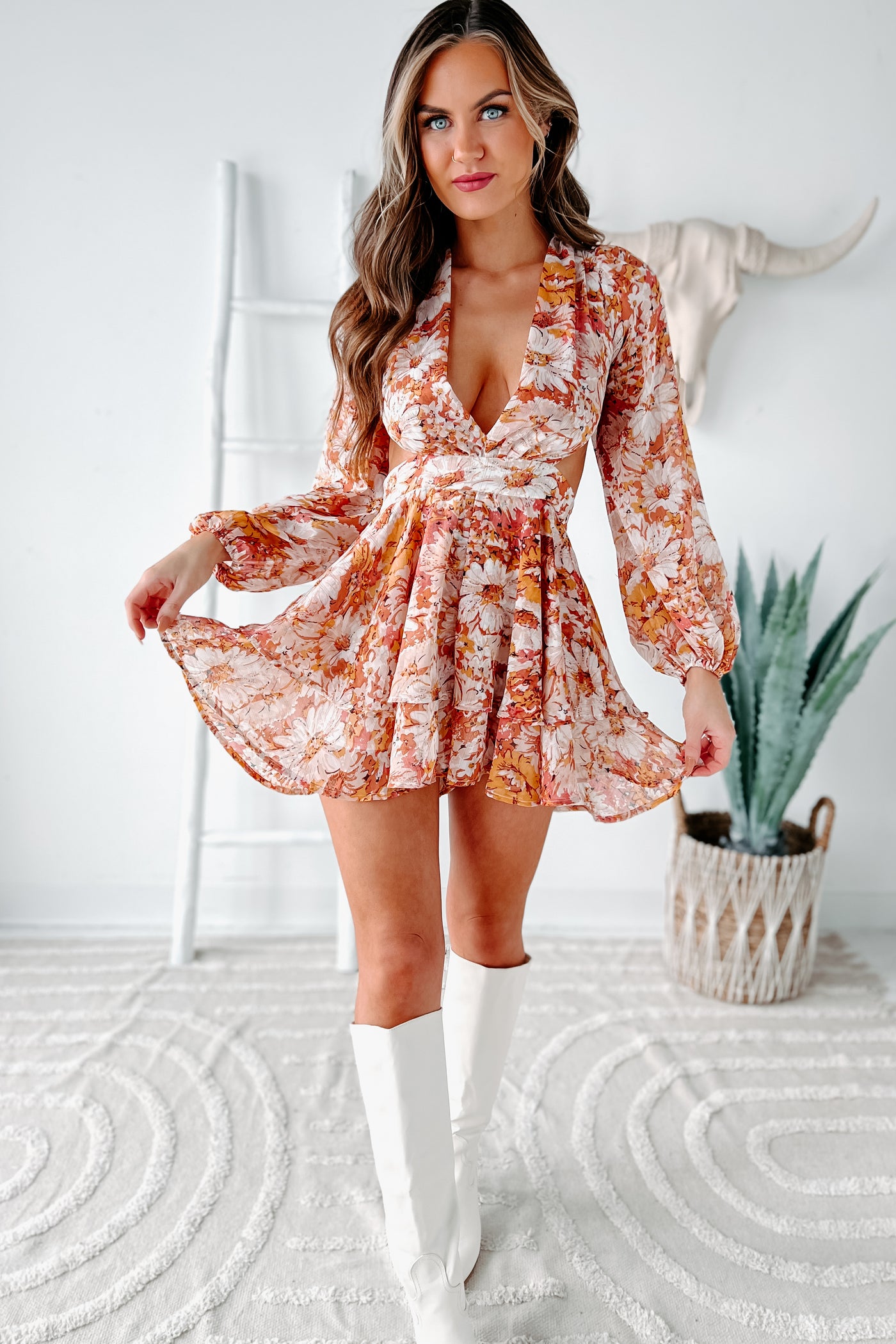 Blooming Sensation Ruffled Floral Romper (Rust) - NanaMacs