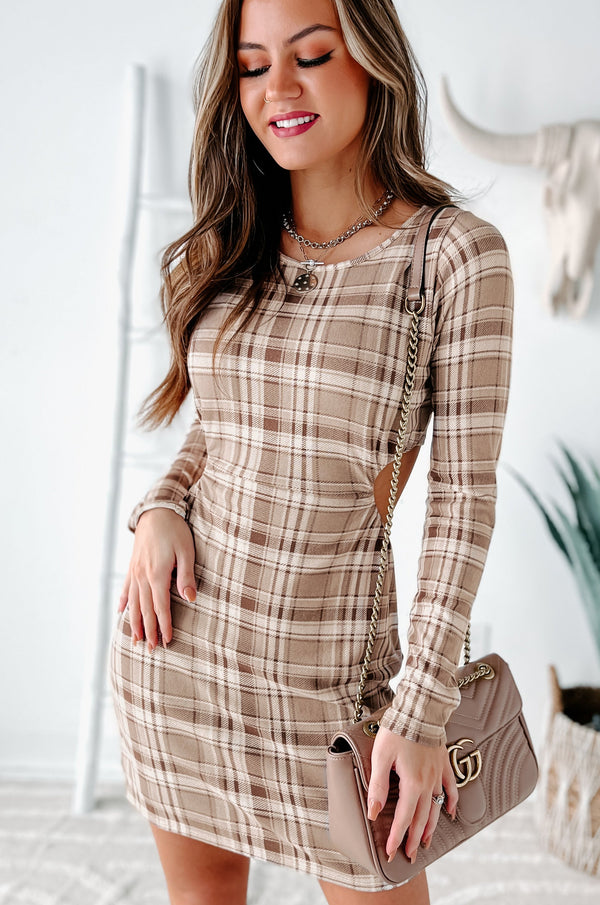 Dara Long Sleeve Cut-Out Mini Dress (Brown/White Plaid) - NanaMacs