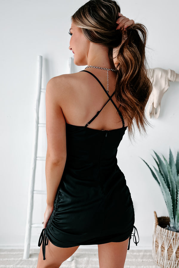 Bringing Sexy Back Pearl Embellished Side Ruched Mini Dress (Black) - NanaMacs