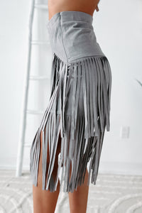 Living So Free Faux Suede Fringe Skirt (Grey) - NanaMacs