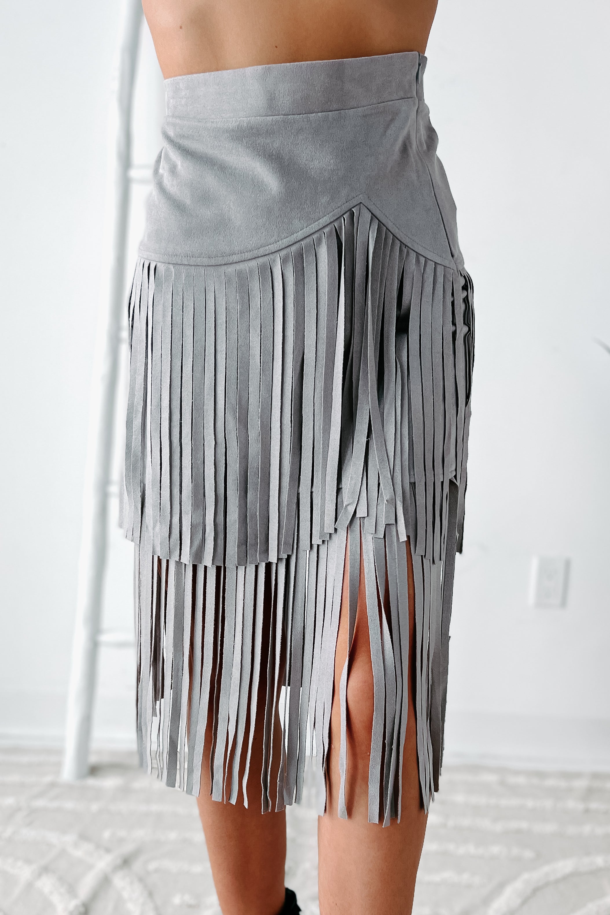 Living So Free Faux Suede Fringe Skirt (Grey) - NanaMacs