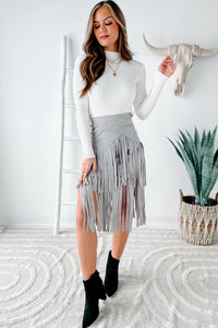 Living So Free Faux Suede Fringe Skirt (Grey) - NanaMacs